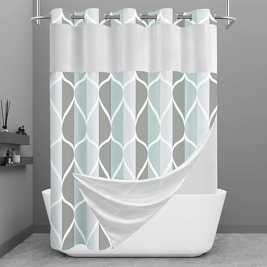 Gelbchu Gray No Hook Shower Curtain with Snap-in Liner, 71 x 77 Inch | Built-In Hooks, Mesh Top Window, Water-Repellent, Machine Washable, Quick Drying, Premium Polyester, Hotel Style, Modern
