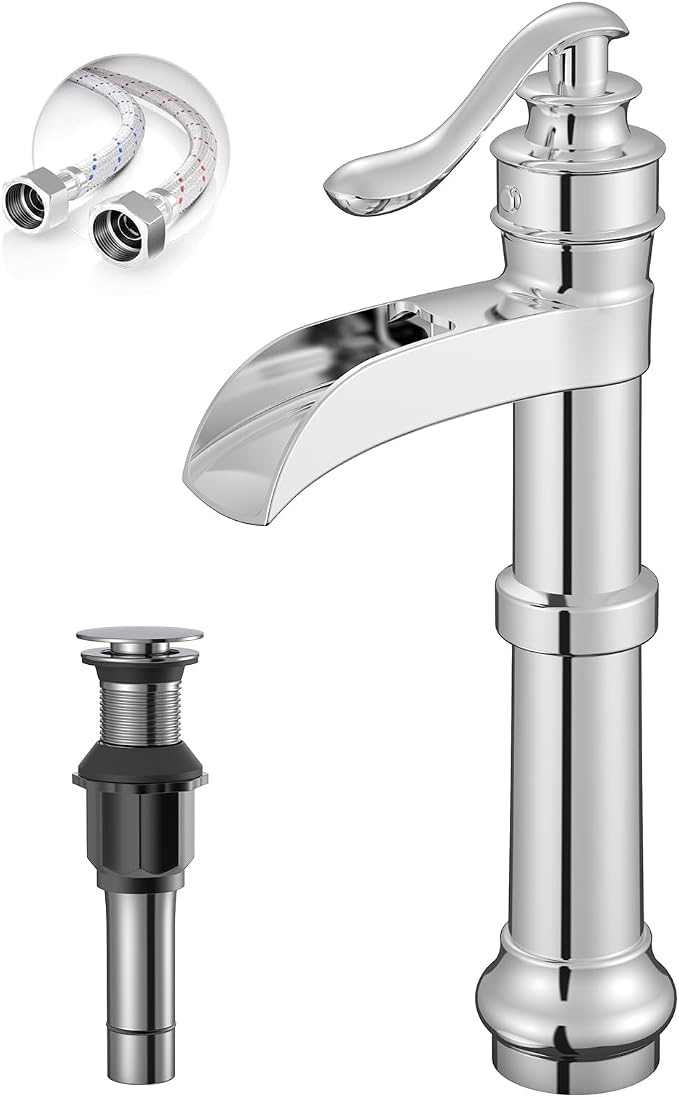 Polished Chrome Vessel Sink Faucet Brass Tall Waterfall Bathroom Faucet | Bathroom Sink Faucets Single Handle with Pop Up Drain Without Overflow and Supply Hoses Mixer Tap Deck Mount by BATHLAVISH