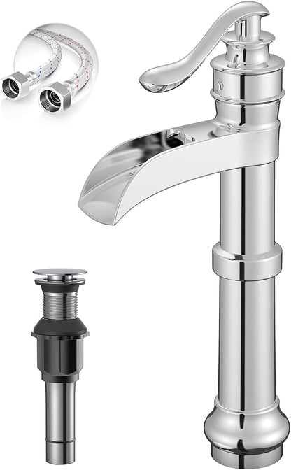 Polished Chrome Vessel Sink Faucet Brass Tall Waterfall Bathroom Faucet | Bathroom Sink Faucets Single Handle with Pop Up Drain Without Overflow and Supply Hoses Mixer Tap Deck Mount by BATHLAVISH