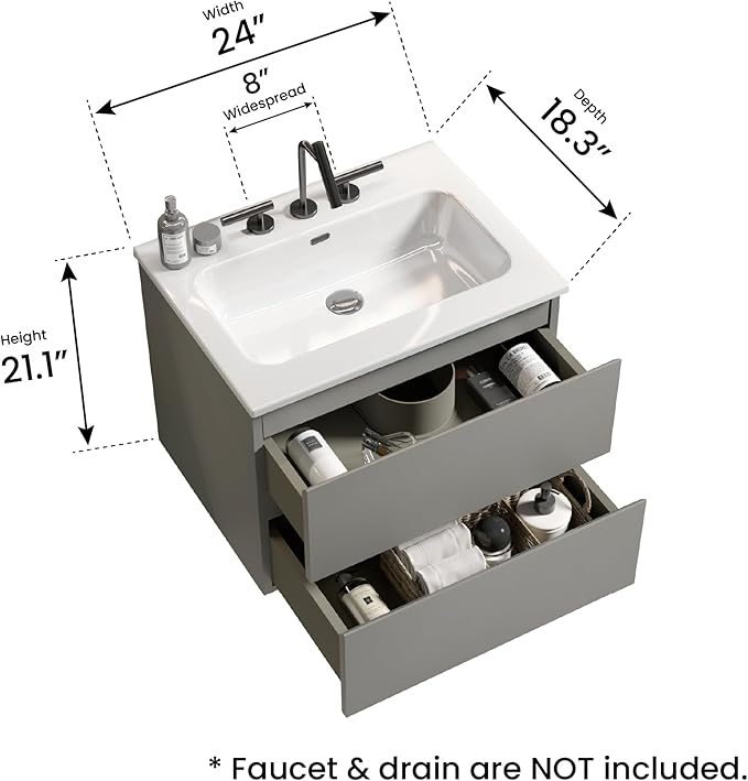 24" Bathroom Vanity with Sink, Modern Floating Vanity with Double Soft Closing Drawers, Large Storage for Small Space, Space Gray, Fully Assembled - Iris Collection