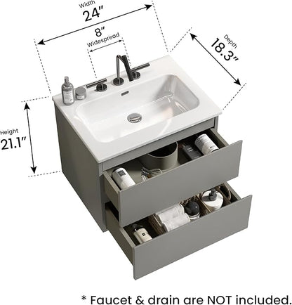 24" Bathroom Vanity with Sink, Modern Floating Vanity with Double Soft Closing Drawers, Large Storage for Small Space, Space Gray, Fully Assembled - Iris Collection