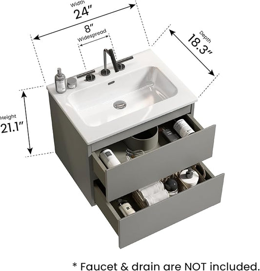 24" Bathroom Vanity with Sink, Modern Floating Vanity with Double Soft Closing Drawers, Large Storage for Small Space, Space Gray, Fully Assembled - Iris Collection