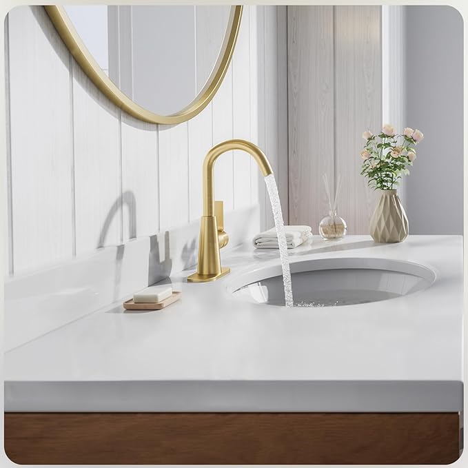 Phiestina Brushed Gold Single-Handle 4 Inch Bathroom Sink Faucet with Deck Plate and Supply Hoses, Bar Sink Faucet/Pre-Kitchen Sink Faucet with 360 Degree Rotation Spout, WE10-BG