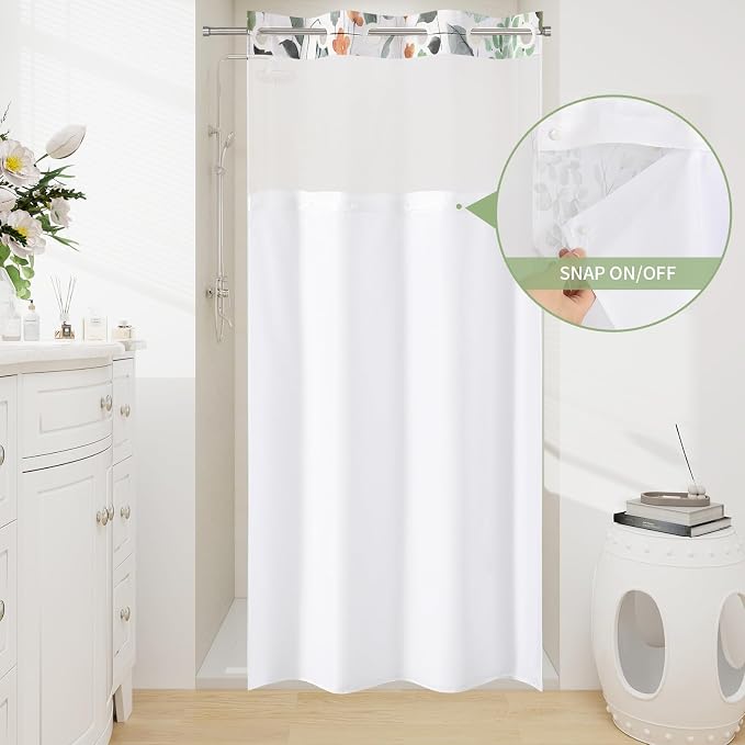 No Hook Sage Green Watercolor Floral Shower Curtain and Liner Set, 36x74 | Spring Flower Shower Curtains with Snap-in Liner for Farmhouse Bathroom Decor, Botanical Bathroom Curtain with Leaves