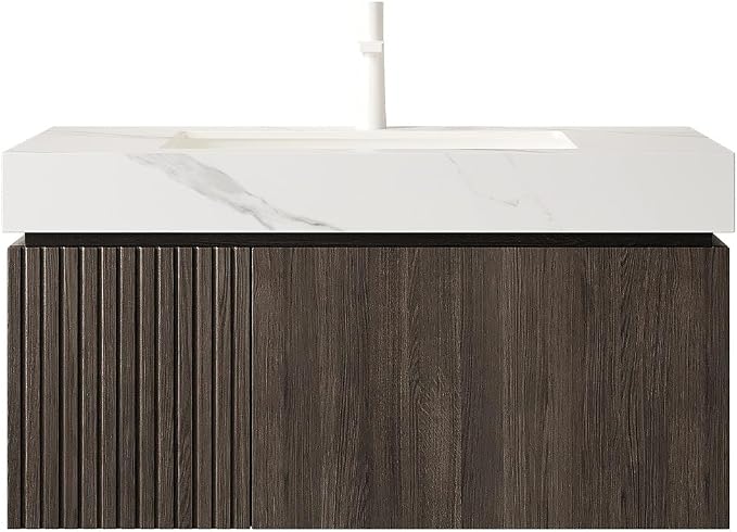 KEIKI 36 Inch Floating Bathroom Vanity with Sink, Espresso & White | Modern Wall Mounted Storage Cabinet w/ Drawer & Door, Pre-assembled Wood Panels, Sintered Stone Top & Ceramic Basin Combo Set