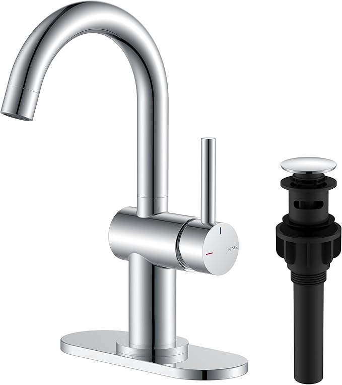 Polished Chrome Bathroom Faucets Single Handle, 1 Hole Vanity Faucet | Bathroom Sink Faucet with Pop Up Drain & 6 Inch Deck Plate, Lead-Free cUPC & NSF Certified, 1 Handle Faucet for Vanity RV Bar