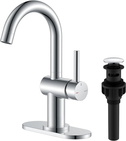 Polished Chrome Bathroom Faucets Single Handle, 1 Hole Vanity Faucet | Bathroom Sink Faucet with Pop Up Drain & 6 Inch Deck Plate, Lead-Free cUPC & NSF Certified, 1 Handle Faucet for Vanity RV Bar