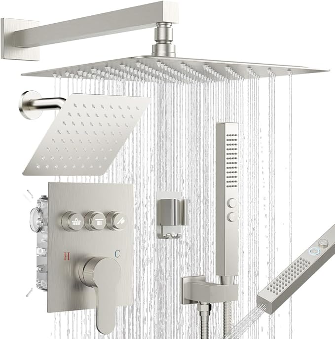 Shower Faucet Set, Wall Mount 12" Rain Shower System with Handheld and 6" Rainfall Shower Head, Can Use 2 Modes Together for Two People, 3 Way Shower Valve with 5 Diverter Complete,Brushed Nickel