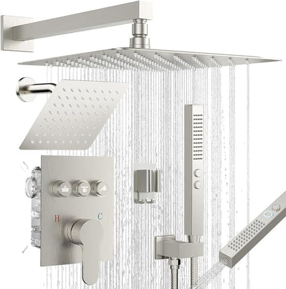 Shower Faucet Set, Wall Mount 12" Rain Shower System with Handheld and 6" Rainfall Shower Head, Can Use 2 Modes Together for Two People, 3 Way Shower Valve with 5 Diverter Complete,Brushed Nickel