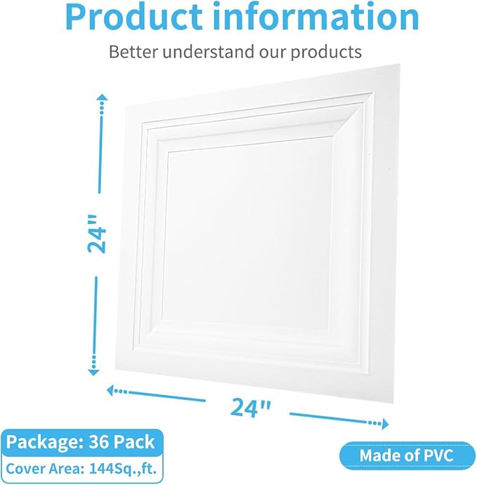 Art3d 36-Pack Square Drop Ceiling Tile 2ft x 2ft in White, PVC Ceiling Panel 24 x 24in. - Covers 144 Sq.,ft., Multi-Pack, Compatible with 15/16" Drop Ceiling Grid System