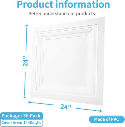 Art3d 36-Pack Square Drop Ceiling Tile 2ft x 2ft in White, PVC Ceiling Panel 24 x 24in. - Covers 144 Sq.,ft., Multi-Pack, Compatible with 15/16" Drop Ceiling Grid System