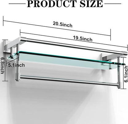 Bathroom Glass Shelf with Towel Rack Organizer Wall-Mounted Bathroom Storage SUS304 Stainless Steel Towel Bar/Track Wall-Mounted Tempered Glass Shelves (Chrome Polished, 20-inch)