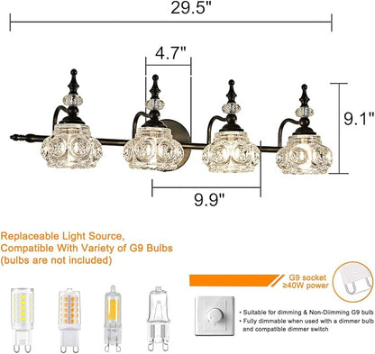 Vanity Light Fixture 4 Lights Bathroom Lighting Painted Black Surface with Thick Crystal Glass Shade, Vintage Vanity Light for Bathroom