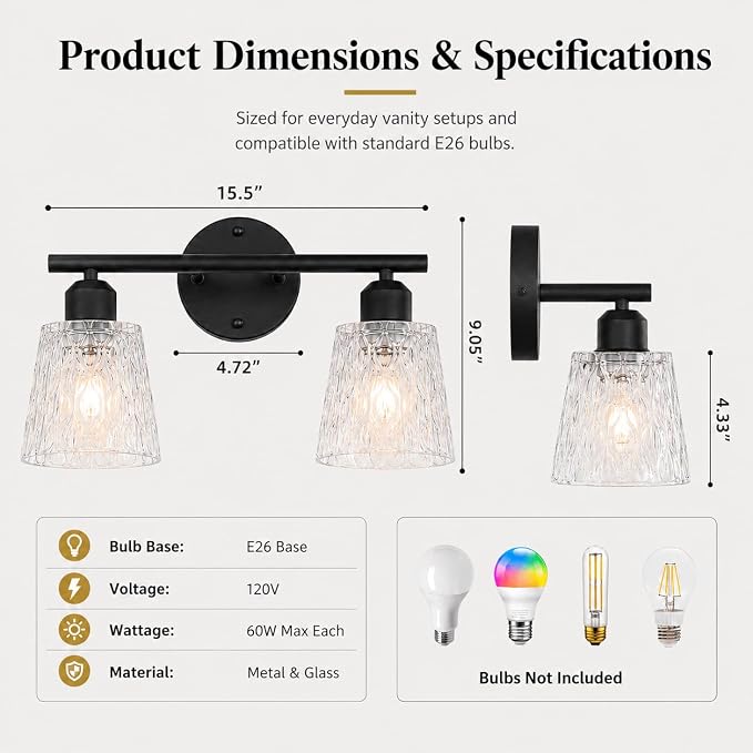 Black Bathroom Vanity Light Over Mirror, 2-Light Wall Mount Fixture with Textured Glass Shades, Stainless Steel Bar Design, E26 Base Sockets (Bulbs Not Included)