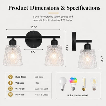 Black Bathroom Vanity Light Over Mirror, 2-Light Wall Mount Fixture with Textured Glass Shades, Stainless Steel Bar Design, E26 Base Sockets (Bulbs Not Included)