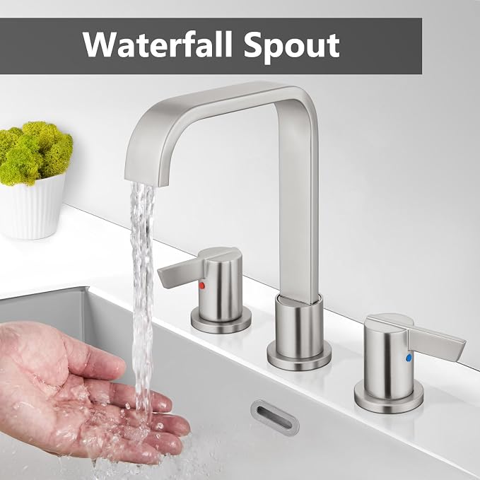 Brushed Nickel Bathroom Faucet 3 Hole 8 Inch Widespread Waterfall | 2-Handle Vanity Faucet, Pop-Up Drain, Supply Lines, Adjustable 4- to 16-Inch Widespread Fit, 360° Swivel Spout