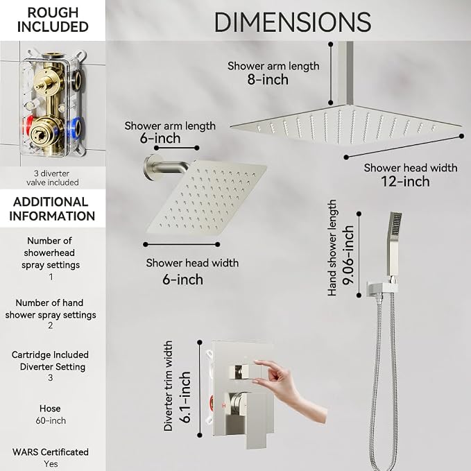 Shower System Shower Faucet Set, STARBATH 12"+6" Ceiling Mount Rain Shower Head and Handheld Spray for Two Person, Rainfall Shower System with Diverter Valve and Trim Kit Complete,Brushed Nickel