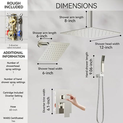 Shower System Shower Faucet Set, STARBATH 12"+6" Ceiling Mount Rain Shower Head and Handheld Spray for Two Person, Rainfall Shower System with Diverter Valve and Trim Kit Complete,Brushed Nickel