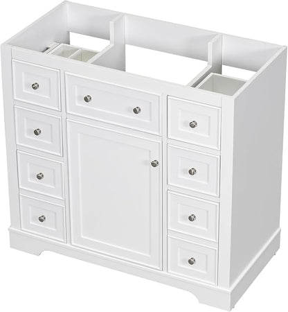 36" Bathroom Vanity Without Sink, Base Only,One Cabinets and Six Drawers,Wood Set Frame W/Adjustable Shelf,Water, Stain Proof,White