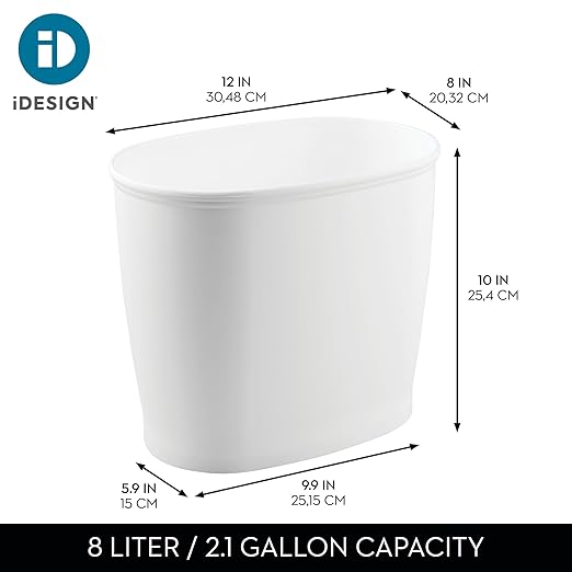 iDesign Slim Plastic Bathroom Trash Can, White | Small Size, For Bedroom, Office, Desk, Dorm