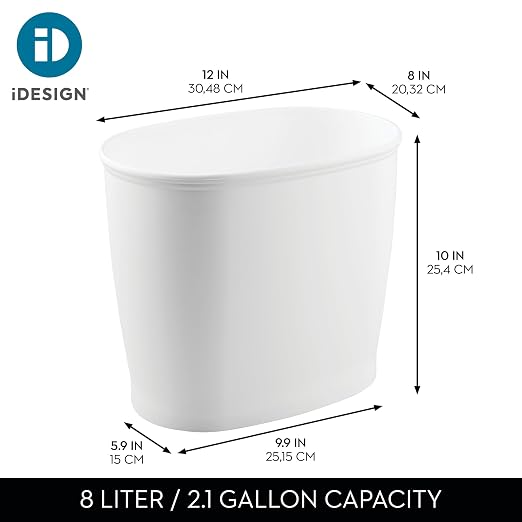 iDesign Slim Plastic Bathroom Trash Can, 2-Pack, White | Small Garbage Bin, For Bedroom, Office, Desk, Dorm