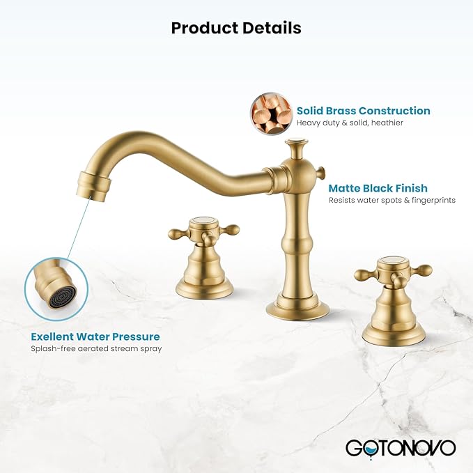 gotonovo 3 Hole Widespread Bathroom Sink Faucet Double Cross Handle Mixer Tap Faucet for Bathroom Sink Vanity Faucet Deck Mount Basin Hot Cold Water Matching Pop Up Drain Brushed Gold