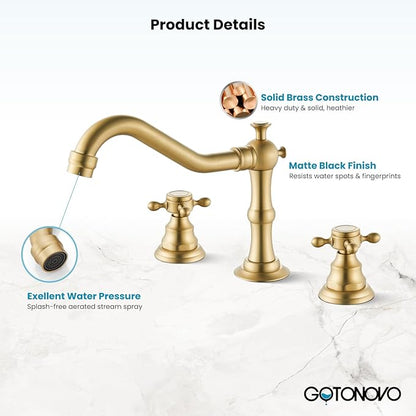 gotonovo 3 Hole Widespread Bathroom Sink Faucet Double Cross Handle Mixer Tap Faucet for Bathroom Sink Vanity Faucet Deck Mount Basin Hot Cold Water Matching Pop Up Drain Brushed Gold