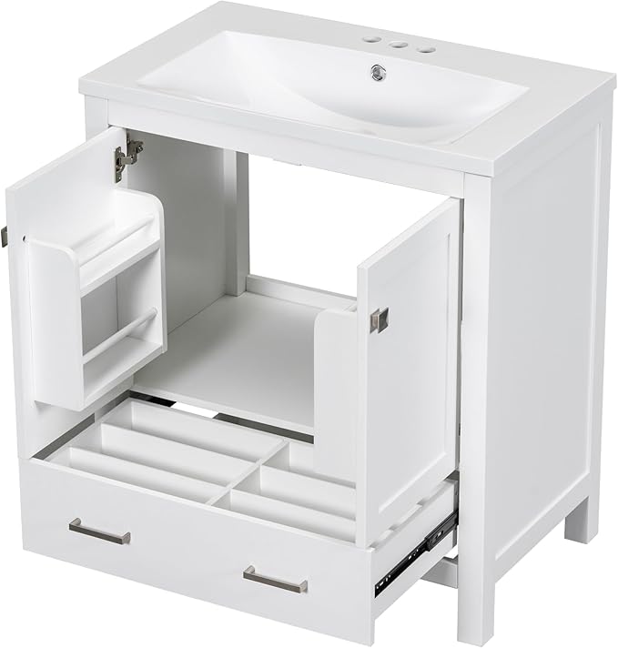 LUMISOL 30" Bathroom Vanity Set with Sink, Solid Wood Bathroom Cabinet with One Drawer and Two Doors, Multi-Function Storage Organizers, Undermount Sink Basin, White