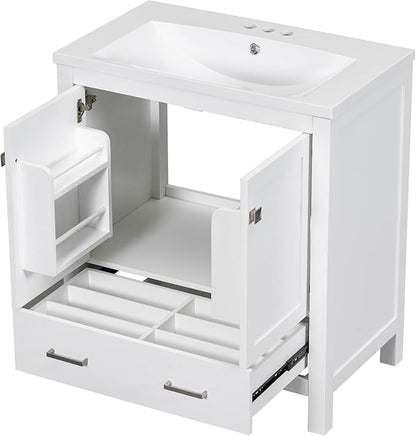 LUMISOL 30" Bathroom Vanity Set with Sink, Solid Wood Bathroom Cabinet with One Drawer and Two Doors, Multi-Function Storage Organizers, Undermount Sink Basin, White