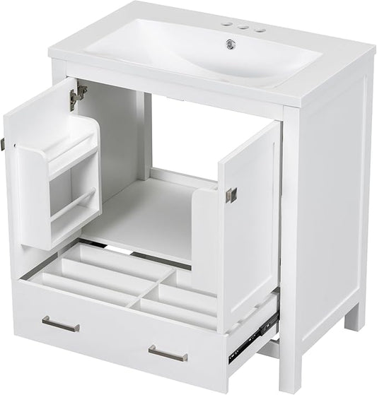LUMISOL 30" Bathroom Vanity Set with Sink, Solid Wood Bathroom Cabinet with One Drawer and Two Doors, Multi-Function Storage Organizers, Undermount Sink Basin, White