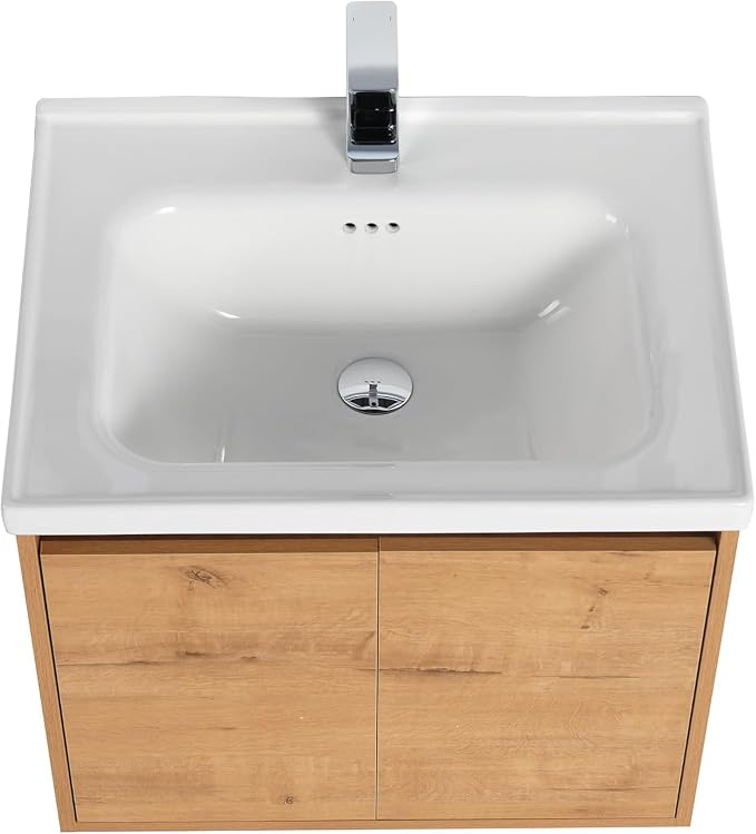Blossom 24 Inch Classic Oak Plywood Bathroom Vanity with Ceramic Sink, Modern Wall Mounted Floating Bathroom Vanity Cabinet with Soft Close Doors and Moisture Resistant Finish