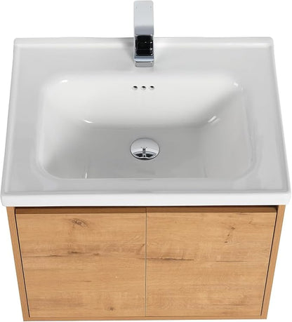Blossom 24 Inch Classic Oak Plywood Bathroom Vanity with Ceramic Sink, Modern Wall Mounted Floating Bathroom Vanity Cabinet with Soft Close Doors and Moisture Resistant Finish
