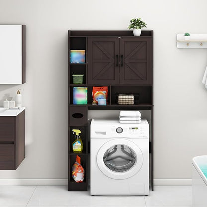 Vabches Over The Toilet Storage Cabinet with 2 Barn Doors, Caramel | Farmhouse Storage Cabinet with Toilet Paper Holder Stand，Home Space-Saving Toilet Rack, for Bathroom, Restroom, Laundry