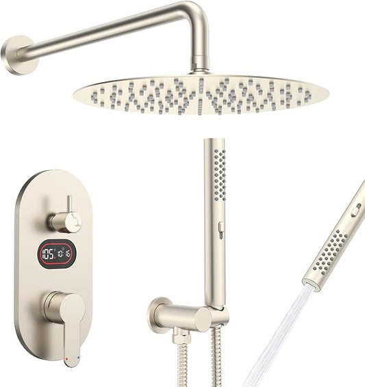Longriver Round Shower Faucet Set with Hydro Power Temperature Display | Shower System 12" Shower Head with Handheld Spray, Wall Mounted Shower Fixtures with Shower Valve and Trim Kit-Brushed Nickel