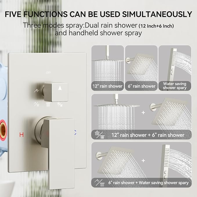 Shower System Shower Faucet Set, STARBATH 12"+6" Ceiling Mount Rain Shower Head and Handheld Spray for Two Person, Rainfall Shower System with Diverter Valve and Trim Kit Complete,Brushed Nickel