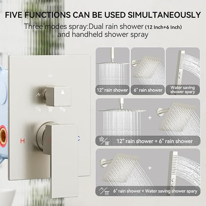 Shower System Shower Faucet Set, STARBATH 12"+6" Ceiling Mount Rain Shower Head and Handheld Spray for Two Person, Rainfall Shower System with Diverter Valve and Trim Kit Complete,Brushed Nickel