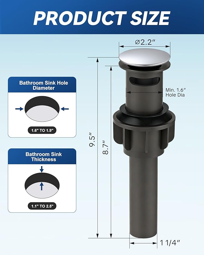 ARCORA Pop Up Sink Drain with Overflow, Chrome Bathroom Sink Drain, Pop Up Drain for Vessel Sink