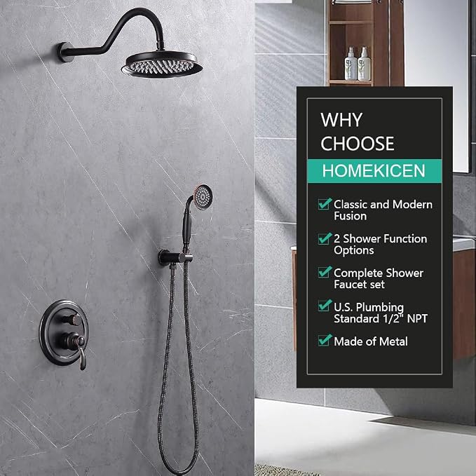 Antique Faucet Shower System with Handheld Spray | Oil Rubbed Bronze Finish, Multi-layer Plating, Vintage Rainfall, 2 Way Diverter Brass Valve, Wall Mount Easy Install