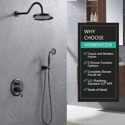 Antique Faucet Shower System with Handheld Spray | Oil Rubbed Bronze Finish, Multi-layer Plating, Vintage Rainfall, 2 Way Diverter Brass Valve, Wall Mount Easy Install
