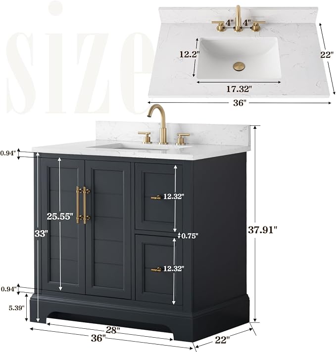 Vanity Art 36 Inch Bathroom Vanity with Single Sink, Vintage Spruce Blue | Solid Wood, Ceramic Sink, Marble Top, Waterproof Backsplash, Pre-assembled, Soft-close Doors, Ample Storage, Freestanding