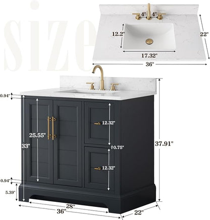 Vanity Art 36 Inch Bathroom Vanity with Single Sink, Vintage Spruce Blue | Solid Wood, Ceramic Sink, Marble Top, Waterproof Backsplash, Pre-assembled, Soft-close Doors, Ample Storage, Freestanding