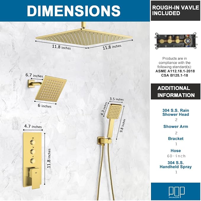 Shower Faucet Set Brushed Gold Bathroom Rainfall Shower System, 12 Inch Ceiling Mount Shower Head with 6 Inch Wall Mount Shower Head, Include Shower Valve and Trim Kit