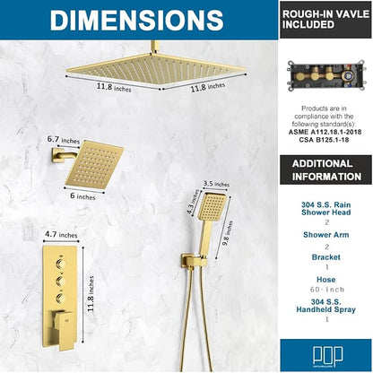 Shower Faucet Set Brushed Gold Bathroom Rainfall Shower System, 12 Inch Ceiling Mount Shower Head with 6 Inch Wall Mount Shower Head, Include Shower Valve and Trim Kit