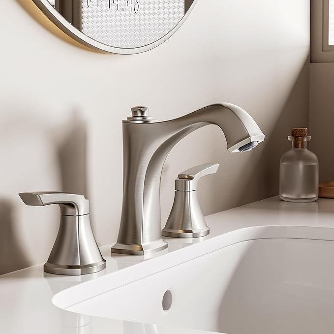 Brushed Nickel Bathroom Faucet 3 Hole, 8-Inch Widespread Bathroom Faucet, 2 Handle Bathroom Sink Faucet, Drain Assembly, Brushed Nickel