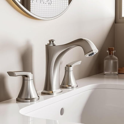Brushed Nickel Bathroom Faucet 3 Hole, 8-Inch Widespread Bathroom Faucet, 2 Handle Bathroom Sink Faucet, Drain Assembly, Brushed Nickel