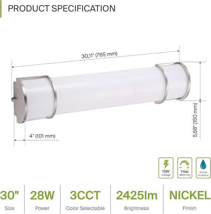 ASD LED 30" Vanity Flush Mount Light Fixture, Linear Bathroom Lighting Bar | 3CCT, Dimmable, Energy Star, ETL Listed | 28W 2425LM 3000-5000K 120V | Long Bath Wall Sconce Over Mirror | Nickel, 4 Pack
