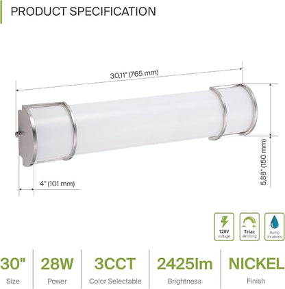 ASD LED 30" Vanity Flush Mount Light Fixture, Linear Bathroom Lighting Bar | 3CCT, Dimmable, Energy Star, ETL Listed | 28W 2425LM 3000-5000K 120V | Long Bath Wall Sconce Over Mirror | Nickel, 4 Pack