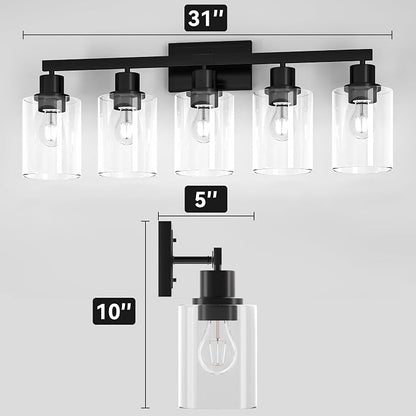 Hasipu 5-Light Black Bathroom Vanity Light Fixtures Over Mirror | HD Clear Glass Shade, Sturdy Rust-Resistant Metal Frame, E26 Socket, Dust-Proof, Easy to Clean, for Bathroom Kitchen Hallway