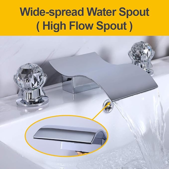 Widespread Bathroom Sink Faucet with Crystal Knob 3 Hole Waterfall Vanity Faucet 8 Inch Crystal Bathroom Faucets Deck Mount Basin Mixer Tap with Hose, Chrome