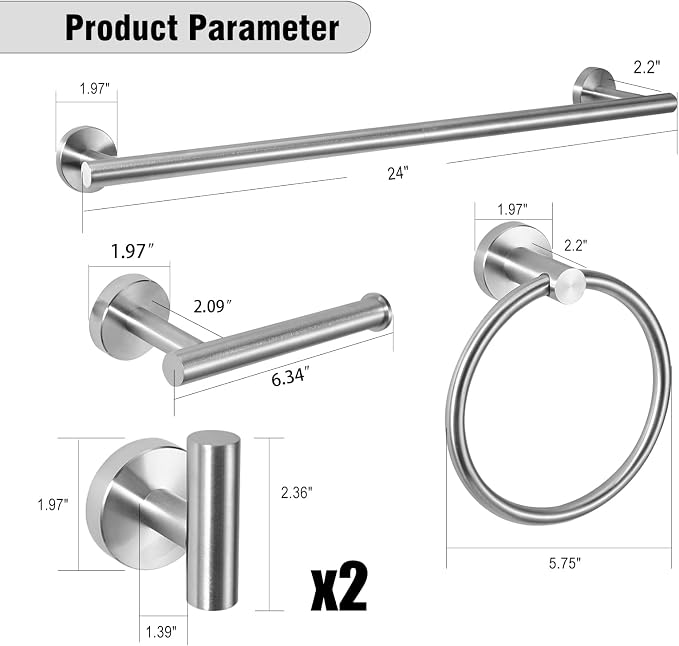 5 Piece Modern Style Wall Mounted Bathroom Hardware Set | #304 Stainless Steel, 24" Towel Bar Mount, Towel Rings, L Shape Toilet Paper Holder, Bathrobe Hook (Brushed Nickel)